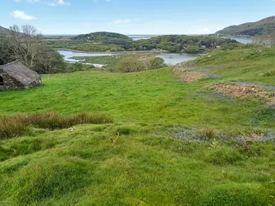 a field of grass with a river in the background at Erw Goed Hen Feudy in Arthog