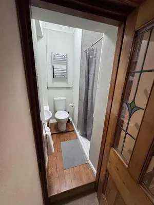 a small bathroom with a toilet and a shower at Glannant - 5 Bed & 4 Bathroom - Fairbourne, Barmouth, Mawddach Estuary in Arthog