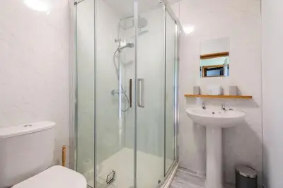 a bathroom with a shower and a toilet and a sink at Ashford Bridge Barn in Ludlow