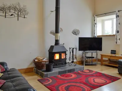 a living room with a fireplace and a tv at Dol Afon - Hw7588 in Llanuwchllyn