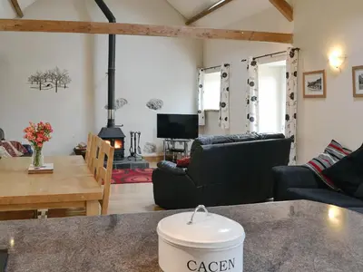 a living room with a couch and a table at Dol Afon - Hw7588 in Llanuwchllyn