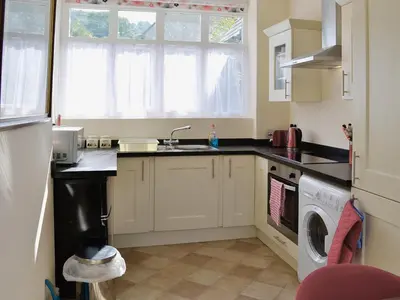 a kitchen with a sink and a washing machine at Porter's Lodge in Glyn-Dyfrdwy