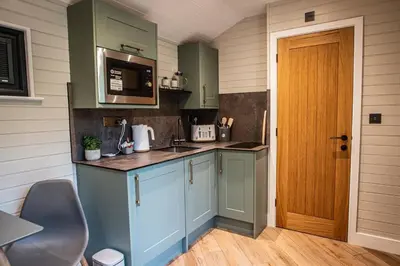a kitchen with green cabinets and a sink and a door at Dinas Lodge with private hot tub in Llangollen