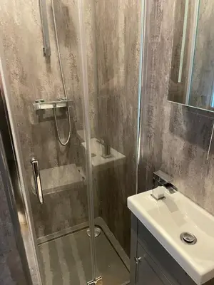 a bathroom with a shower and a sink at Dinas Lodge with private hot tub in Llangollen