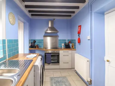 a blue kitchen with a sink and a stove at Golygfa'r Orsaf Snowdonia National Park in Bala