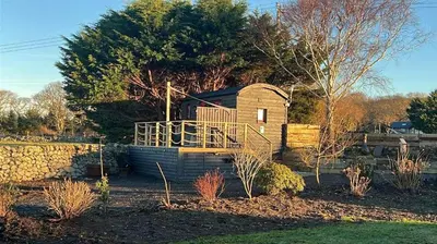 a small wooden building with a ramp in a yard at Ty'r Bugail - Shepherds Hut in Llanddwywe