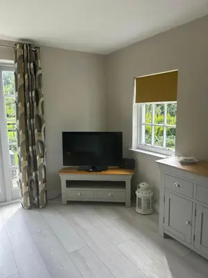 a living room with a flat screen tv and a table at Dog & Family Friendly Private Cottage in Orleton in Orleton