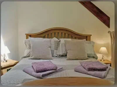 a bed with two purple pillows on top of it at Golygfar Mynydd in Ystrad Meurig