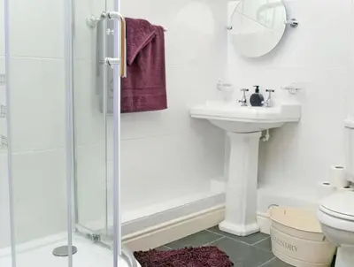 a bathroom with a shower and a sink and a toilet at Golygfar Mynydd in Ystrad Meurig