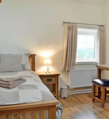 a bedroom with a bed with a lamp and a window at Awel Yr Mynydd in Ystrad Meurig