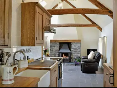 a kitchen with a stove top oven next to a fireplace at Awel Yr Mynydd in Ystrad Meurig