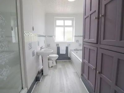 a bathroom with a sink toilet and a window at Tan Y Fron in Dyffryn