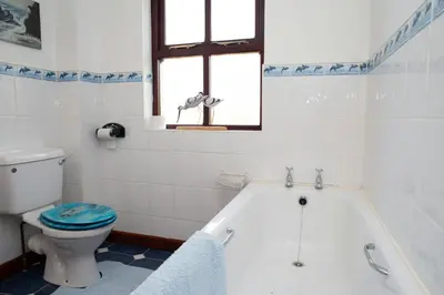 a bathroom with a tub and a toilet and a sink at Tan-yr-Onnen Llangrannog in New Quay