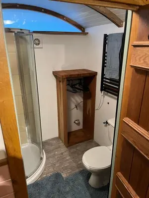 a small bathroom with a shower and a toilet at The carriage in Three Cocks Junction
