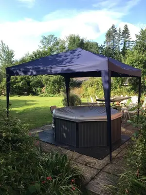 a blue canopy over a hot tub in a yard at Lower Buckton Country Living Big House near Ludlow 6 bedrooms sleep 12 in Leintwardine