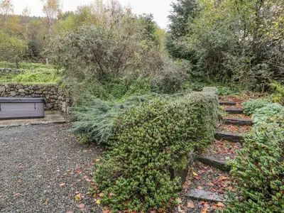 a garden with a stone wall and some bushes at Ysgubor in Machynlleth