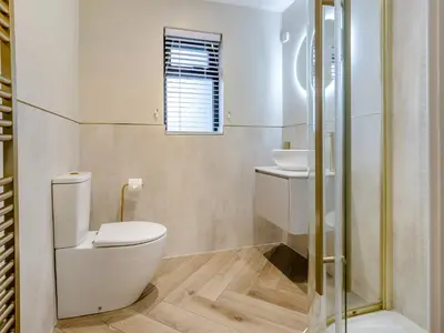 a bathroom with a toilet and a sink at Root - Uk47733 in Mochdre
