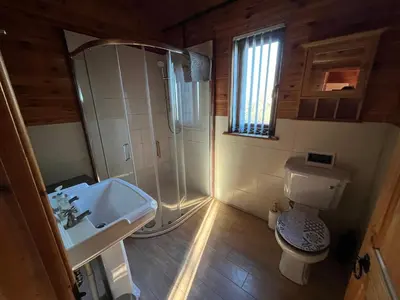 a bathroom with a sink and a toilet and a shower at Red Kite Lodge in Clyro