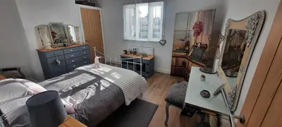 a bedroom with a bed and a dresser and a mirror at Conkers Cottage in Forden