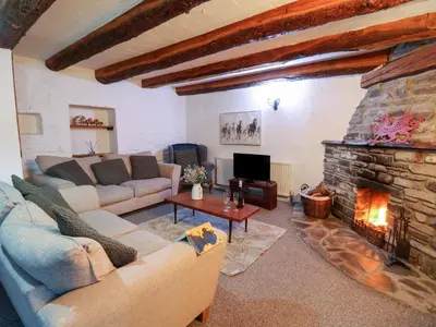 a living room with a couch and a fireplace at Ty Ceffylau in Llanybydder
