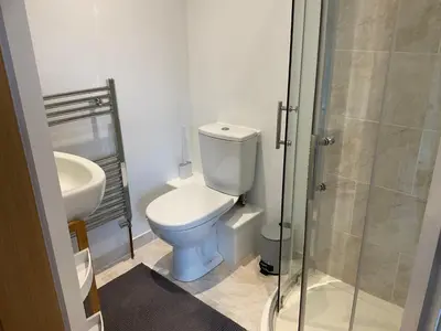 a bathroom with a toilet and a sink and a shower at Little Hotspur in Shrewsbury