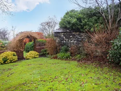 a garden with a stone wall and a fence at Hafanedd in Dyffryn