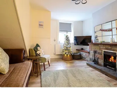 a living room with a christmas tree and a fireplace at Golygfa'r Orsaf Snowdonia national park, Bala lake in Bala