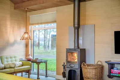 a living room with a wood stove in a room at 4 Bed in Llansanffraid oc-k30383 in Llanymynech