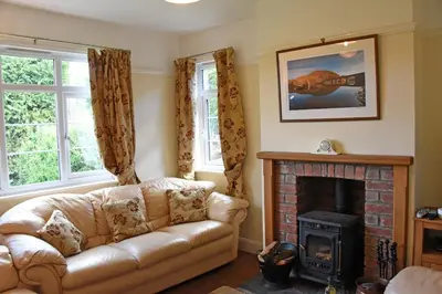 a living room with a couch and a fireplace at Bevan House with Hot Tub in Mid-Wales in Hundred House