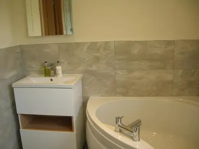 a bathroom with a sink and a bath tub and a sink at Woodland Lodge Hot Tub Sleeps 6 in Hundred House