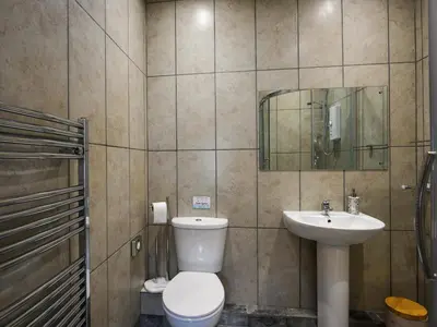 a bathroom with a toilet and a sink at The Old Milking Parlour in Melverley