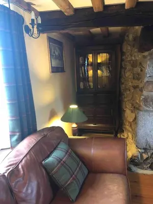 a leather couch in a living room with a lamp at Detached cottage in the hills near Dolgellau in Cross Foxes