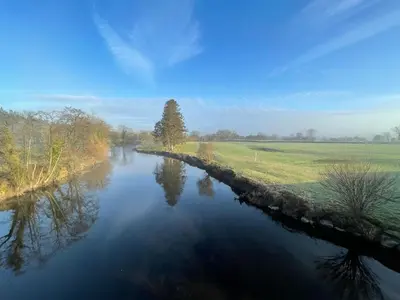 a river with a tree on the side of it at The Pod at Gerycoed in Llangadog
