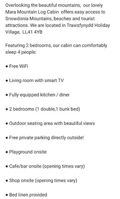 a screenshot of a cell phone screen with a list of items at Misty Mountain Log Cabin - Trawsfynydd in Trawsfynydd