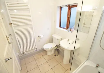a bathroom with a toilet and a sink and a shower at Artist's Cottage in Penrhyndeudreath
