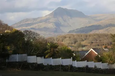 a mountain in the distance with a fence and trees at Artist's Cottage in Penrhyndeudreath