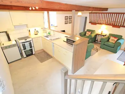 an aerial view of a kitchen and living room at Y Stabl The Old Stable in Llanbedr