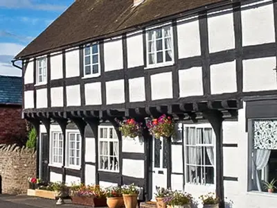 a black and white building with flowerpots in front of it at The Cottage in Weobley