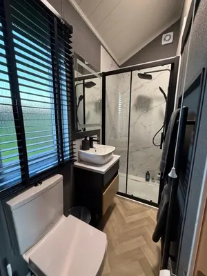 a bathroom with a toilet and a sink and a shower at Lodges at Moody Meadows in Llanarth