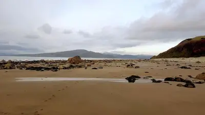 a beach with a bunch of rocks on the sand at POD1 Family Glamping with seaview & Wi-Fi in Llwyngwril