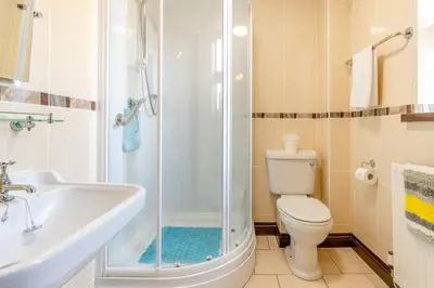 a bathroom with a shower and a toilet and a sink at 2 Bed in Llangorse oc-t30290 in Llangorse