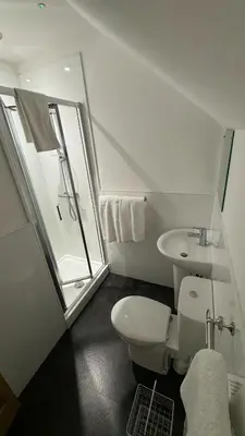a white bathroom with a toilet and a sink at Ty Penbont House in Rhayader