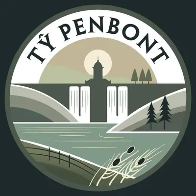 a logo for a temple in the middle of a river at Ty Penbont House in Rhayader