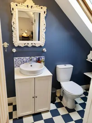 a bathroom with a toilet and a sink and a mirror at The Loft - Shrewsbury in Shrewsbury