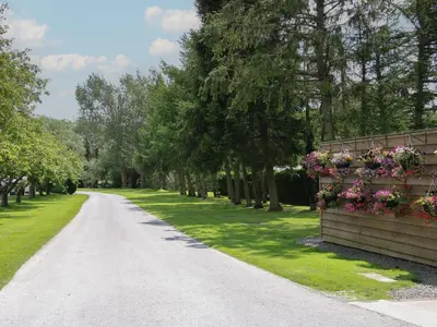 a road with flowers on a fence and trees at Peony in Leominster