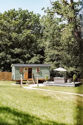 a green tiny house sitting in a yard at Shepherd's Hut at Lythwood, Near Shrewsbury in Baystonhill