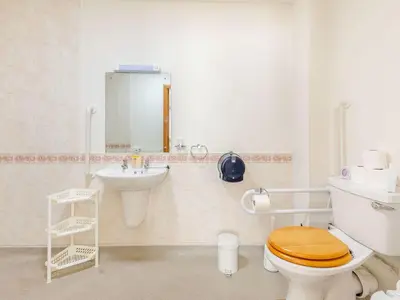 a bathroom with a toilet and a sink at Swallow's Nest in Craven Arms