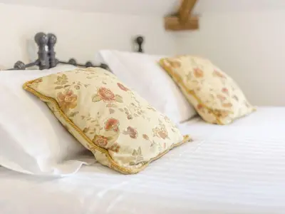 two pillows sitting on top of a bed at Robin's Nest in Craven Arms