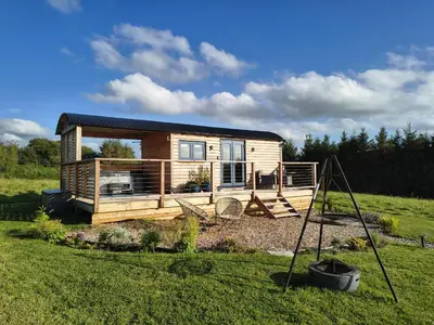a tiny house in a field with a yard at Fir Tree Shepherd's Hut in Llanon