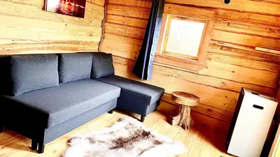a living room with a couch in a log cabin at The Viking Lodge with Sauna in Ystrad-Meurig